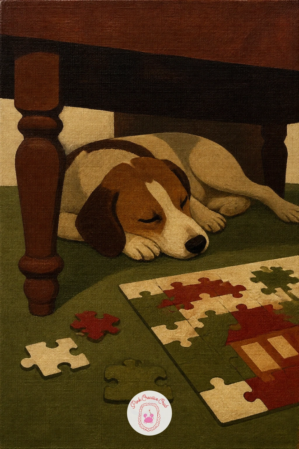 Dog Asleep Under the Table Beside a Jigsaw — A dog asleep under the dining table beside a snow day jigsaw connects two earlier ideas, the sleeping dog and the