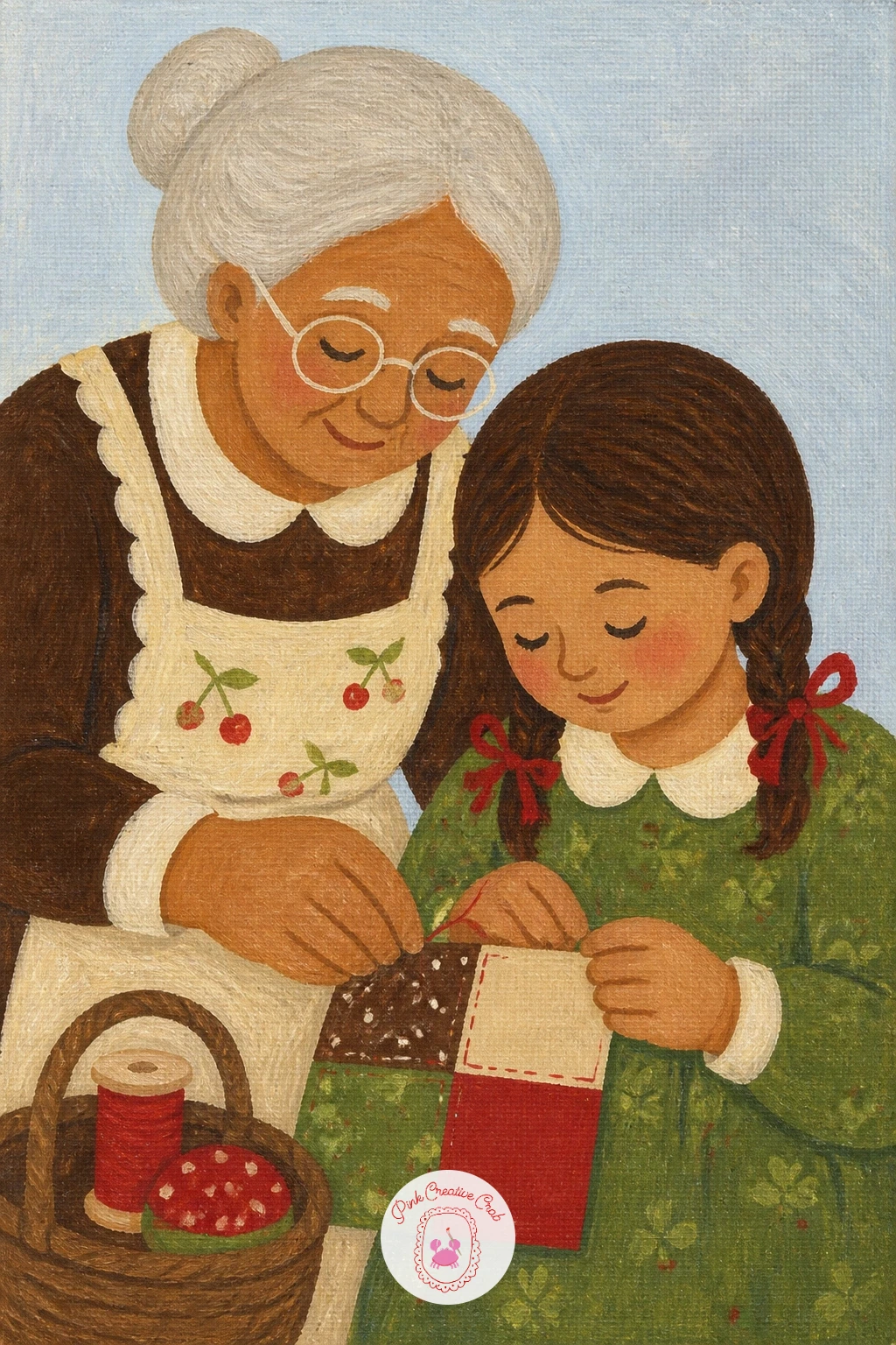 Grandmother Teaching a Girl to Sew — A grandmother teaching a girl to sew a patchwork square is a two-figure scene built on a clear height and posture
