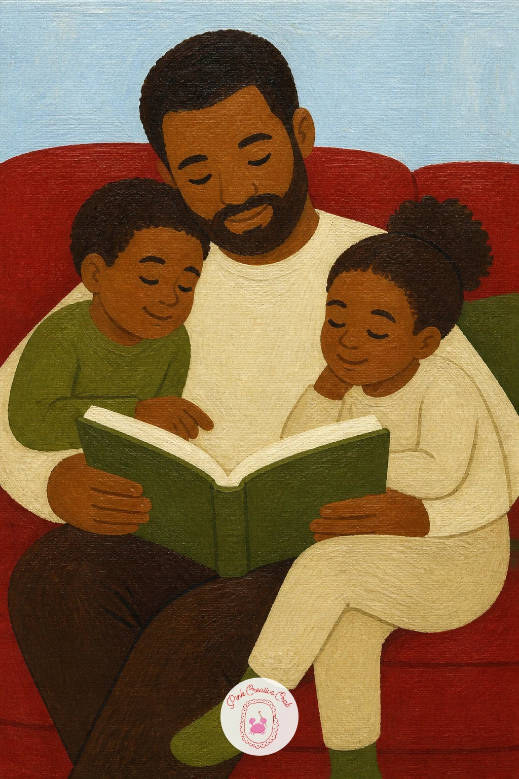 Dad Reading Aloud to Kids on the Sofa — A dad reading aloud to kids piled on the sofa closes this list with the biggest group of figures yet, so lean on every