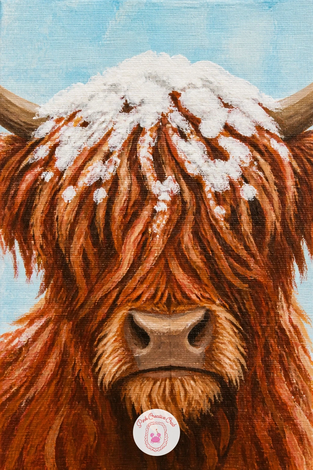 Shaggy Fringe With Piled Snow — Start with the easiest highland cow art idea on this list: a cow face filling the canvas, with a mound of snow sitting right on