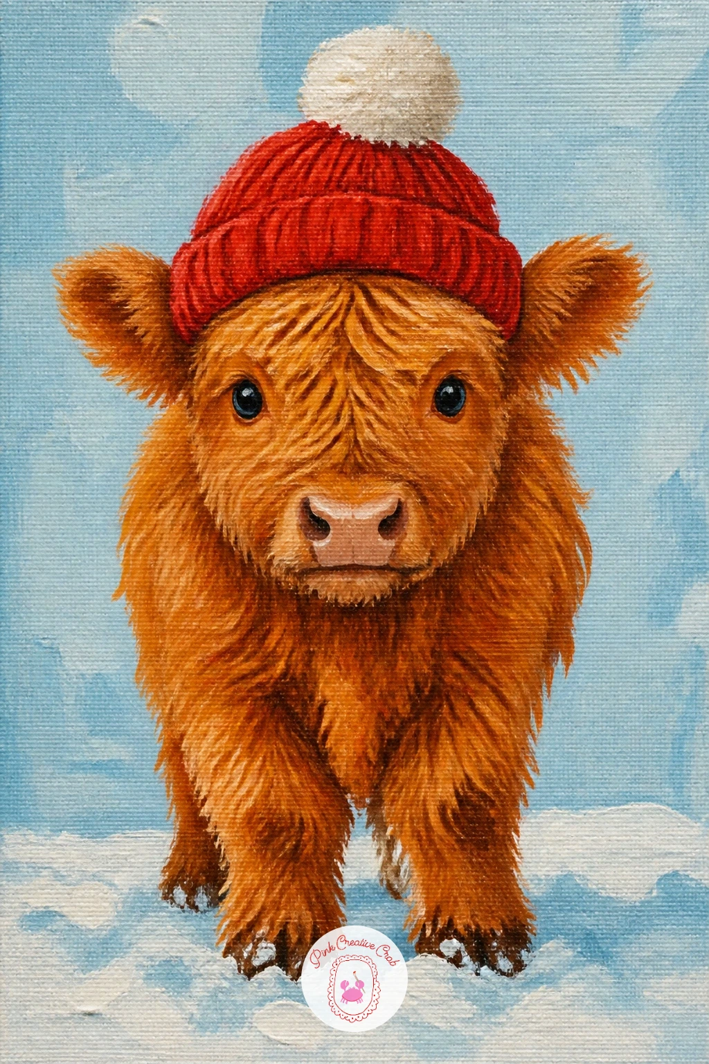 Calf In A Cherry Red Knit Hat — Move from a plain cow face to something with a story: a highland calf wearing a cherry red knit hat in the snow. Highland cow