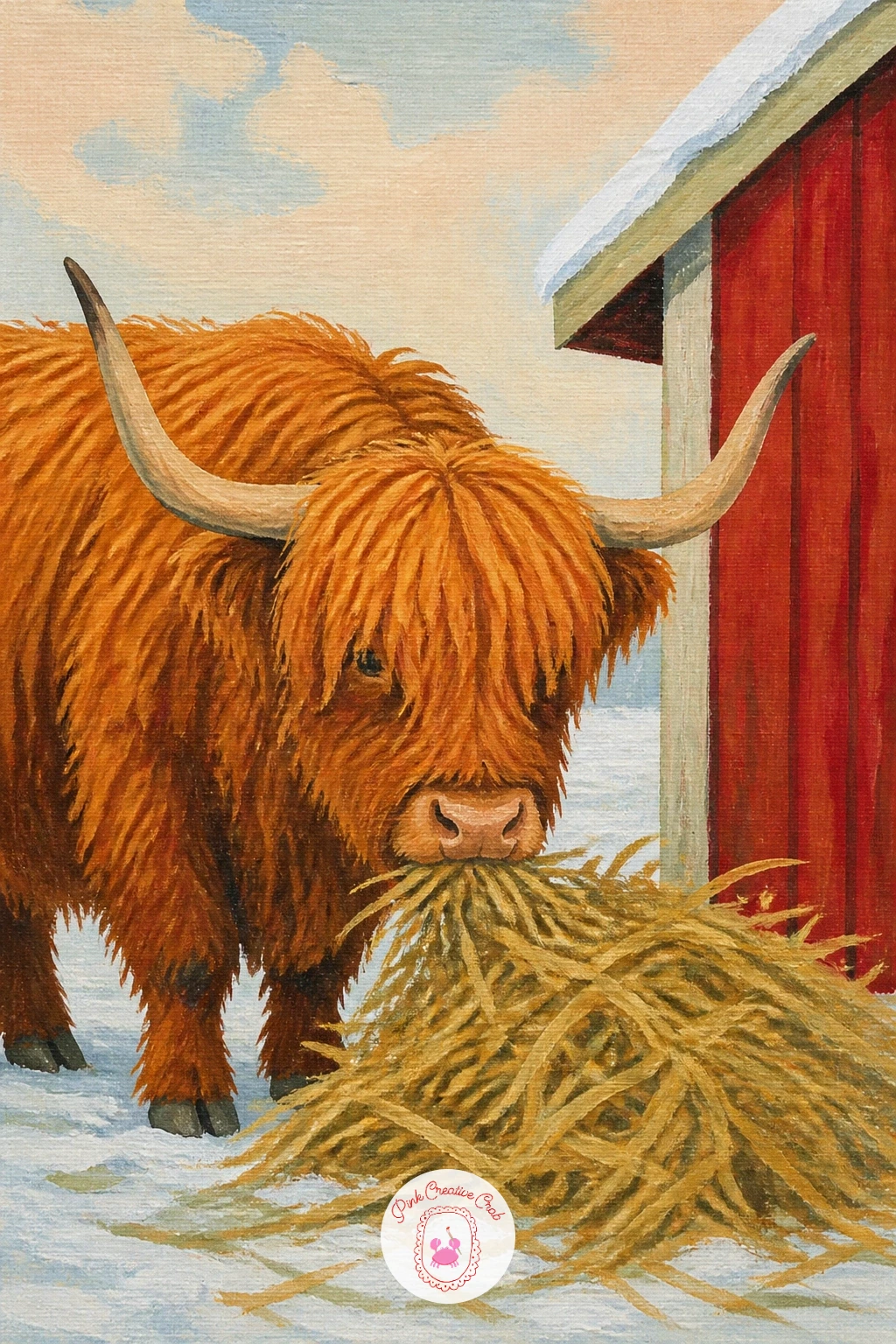 Munching Hay By A Red Barn — Give your cow a job to do with a highland cow munching hay outside a red wooden barn. Highland cow art