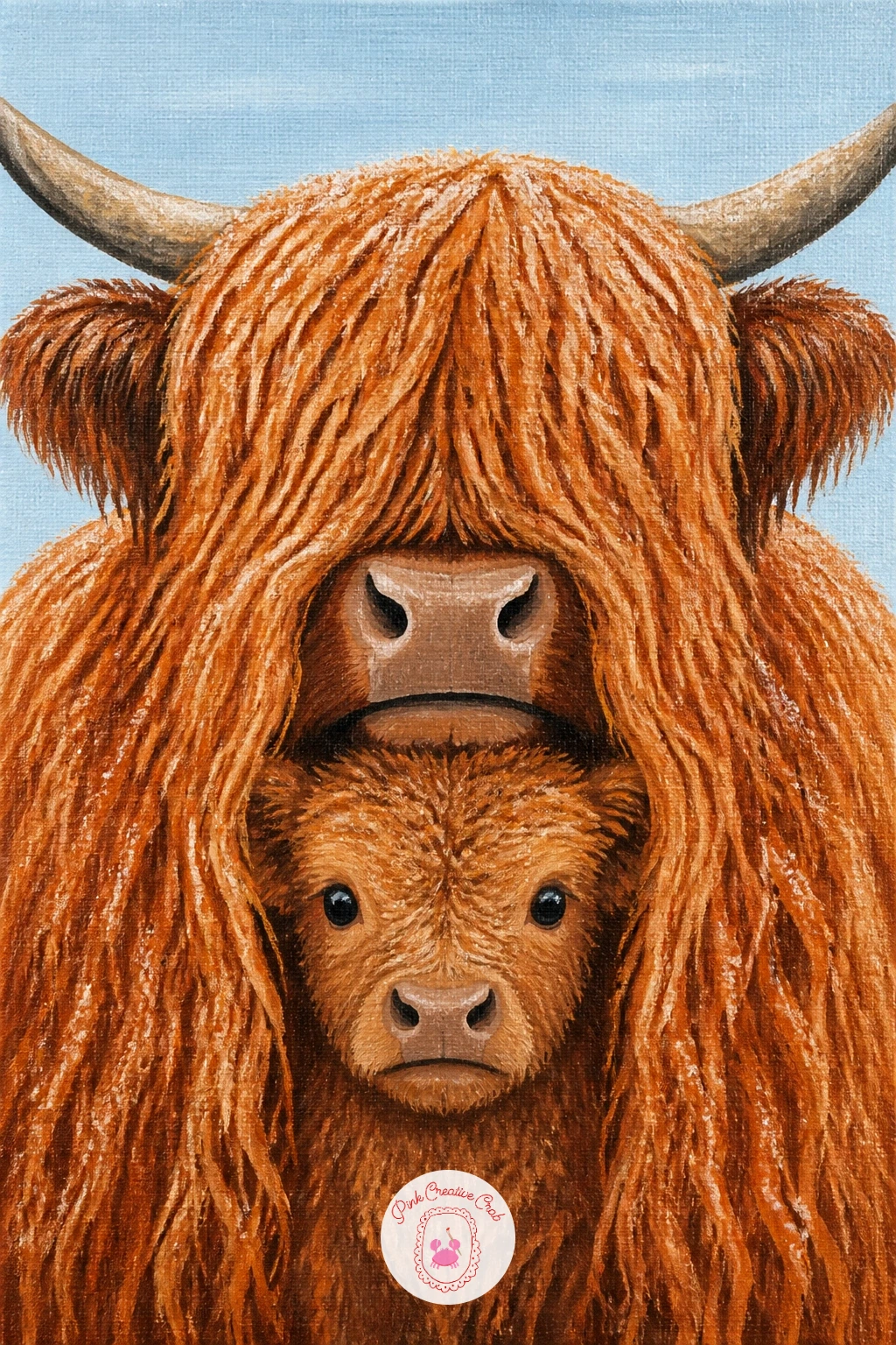 Calf Peeking Through Mother's Fringe — After painting a single cow, try fitting two heads into one frame: a calf peeking through its mother's long fringe on a