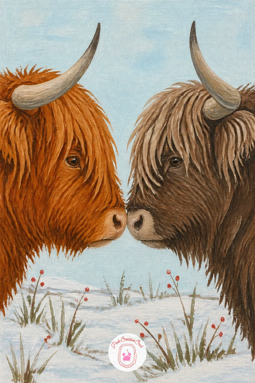 Two Cows Nose To Nose — Build on painting two heads with a fuller composition: two highland cows standing nose to nose in a snowy field. Highland cow art