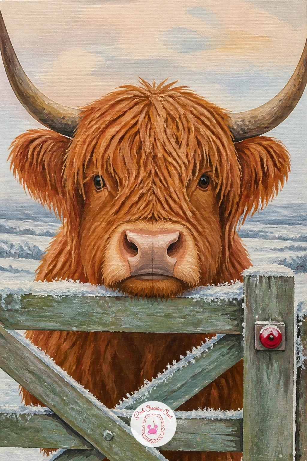 Cow Looking Over A Frosted Gate — Try a highland cow looking over a frosted wooden gate next, a composition that lets you practice painting a simple foreground