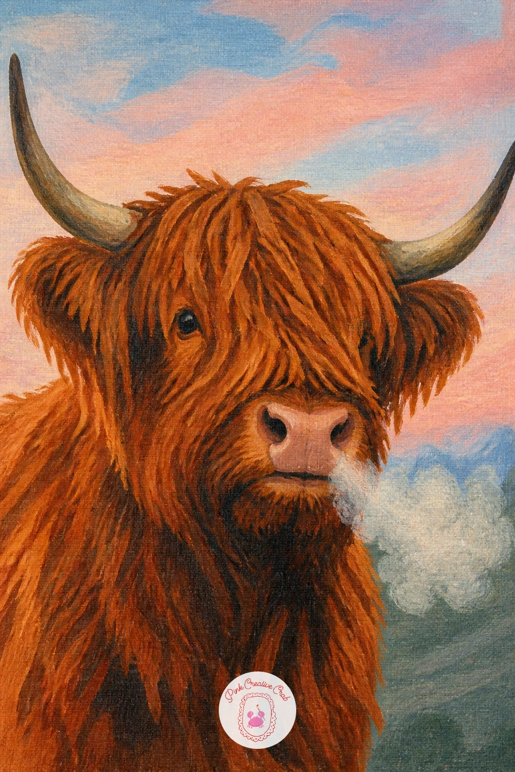 Breathing A Puff Of Steam — Add a little atmosphere with a highland cow breathing out a puff of steam on a cold morning. Highland cow art