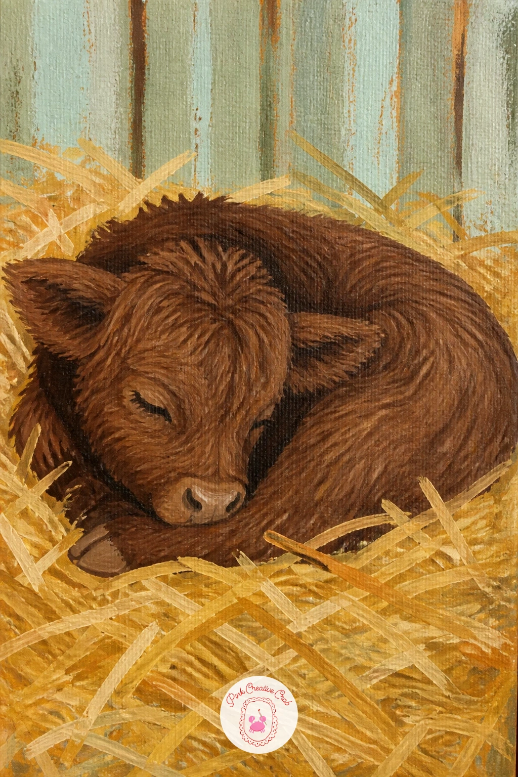 Calf Asleep In Straw — Shift the mood with a quieter scene: a highland calf curled up asleep in a pile of straw in the barn. Highland cow art