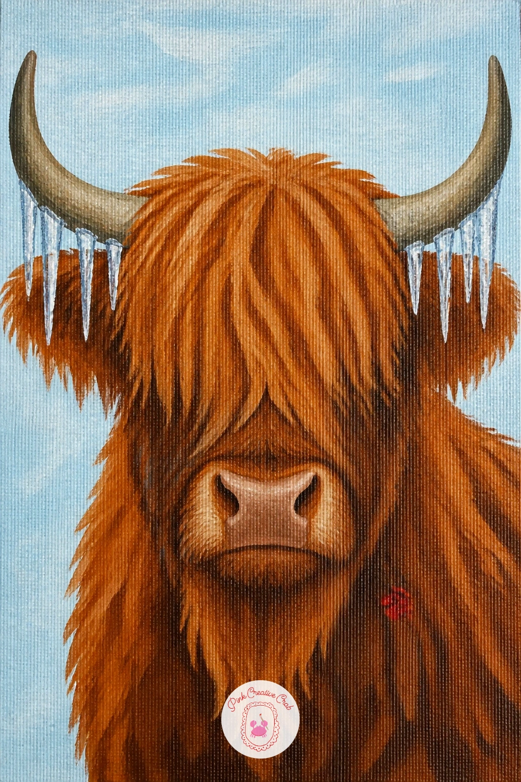 Icicles On The Horns — Take the detail work up a notch with a highland cow with tiny icicles hanging from its horns. Highland cow art