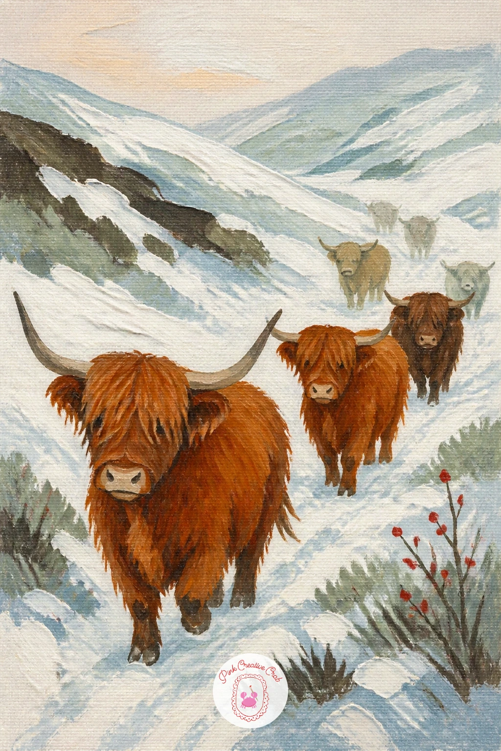 Herd Crossing A Snowy Glen — Scale up to a small herd of highland cows walking through a snowy glen. Highland cow art
