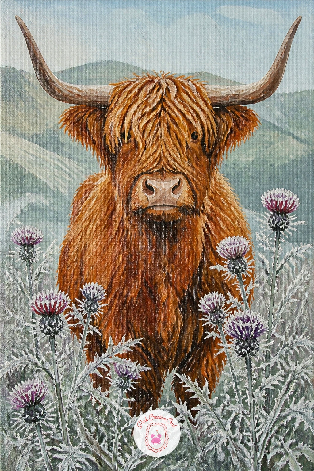 Standing Among Frosted Thistles — Bring in a bit of Scottish symbolism with a highland cow standing among frosted thistles. Highland cow art