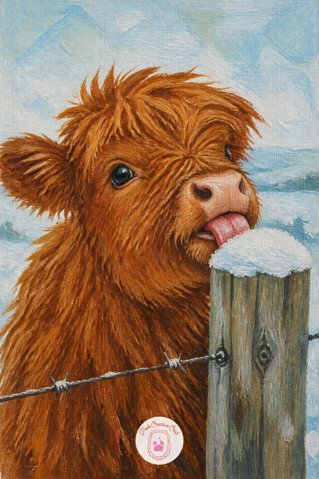 Calf Licking A Fence Post — Give your calf a small bit of mischief with a highland calf licking snow off a fence post. Highland cow art