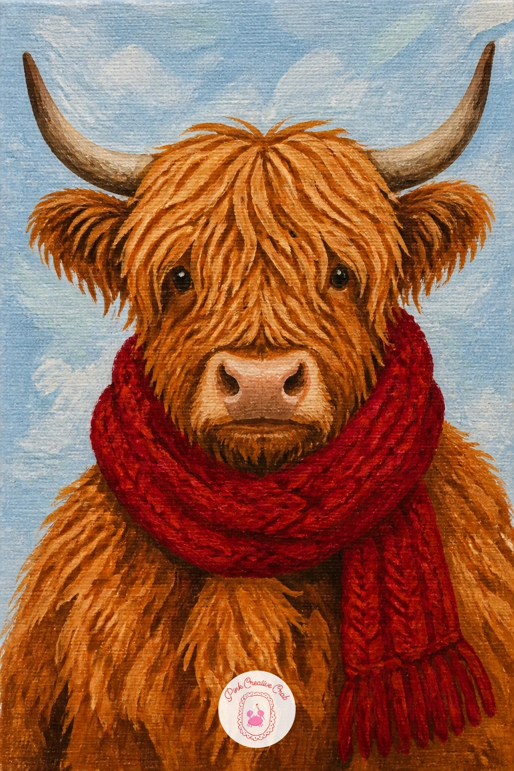 Cow In A Knitted Scarf — Dress your subject up with a highland cow with a knitted scarf wrapped around its neck. Highland cow art