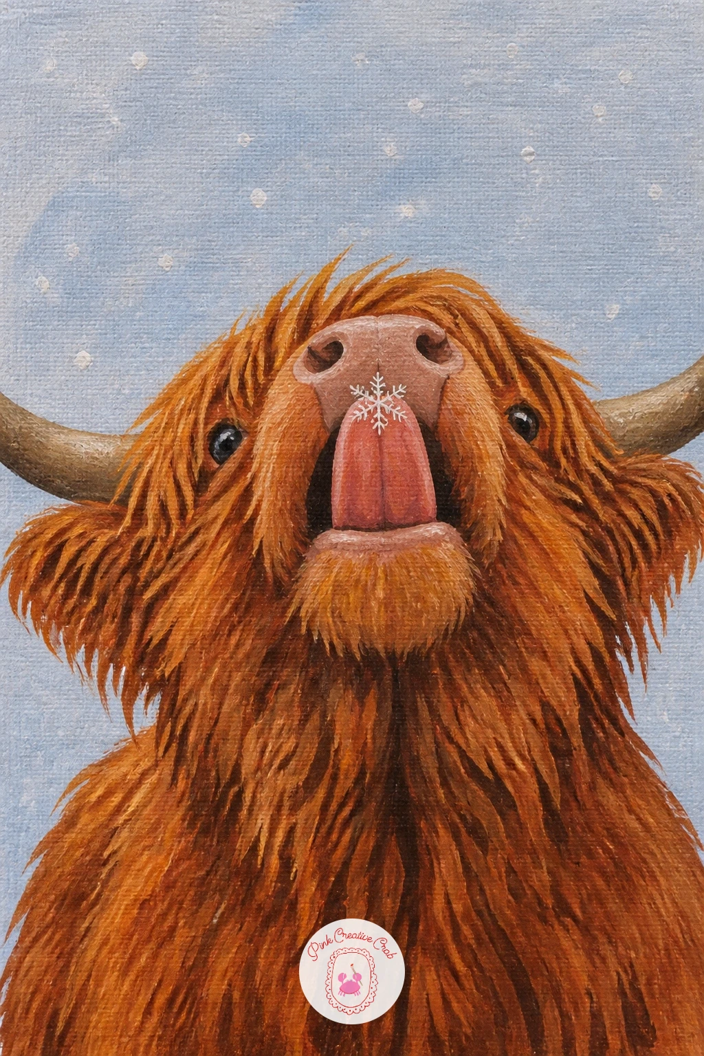 Catching A Snowflake On Its Tongue — Add some real personality with a highland cow sticking out its tongue to catch a snowflake. Highland cow art
