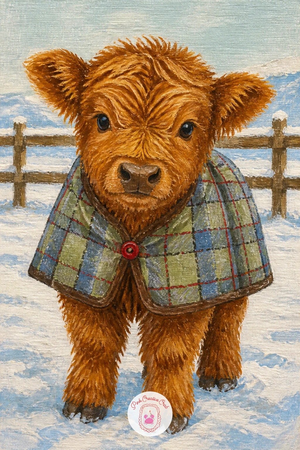Calf In A Wool Blanket Coat — Keep your calf cozy with a highland calf in a tiny wool blanket coat in the paddock. Highland cow art