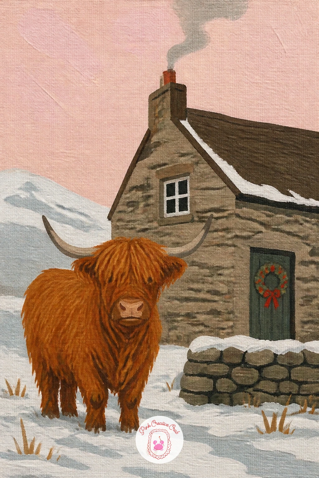 Beside A Stone Farmhouse — Widen the scene with a highland cow beside a stone farmhouse with smoke from the chimney. Highland cow art