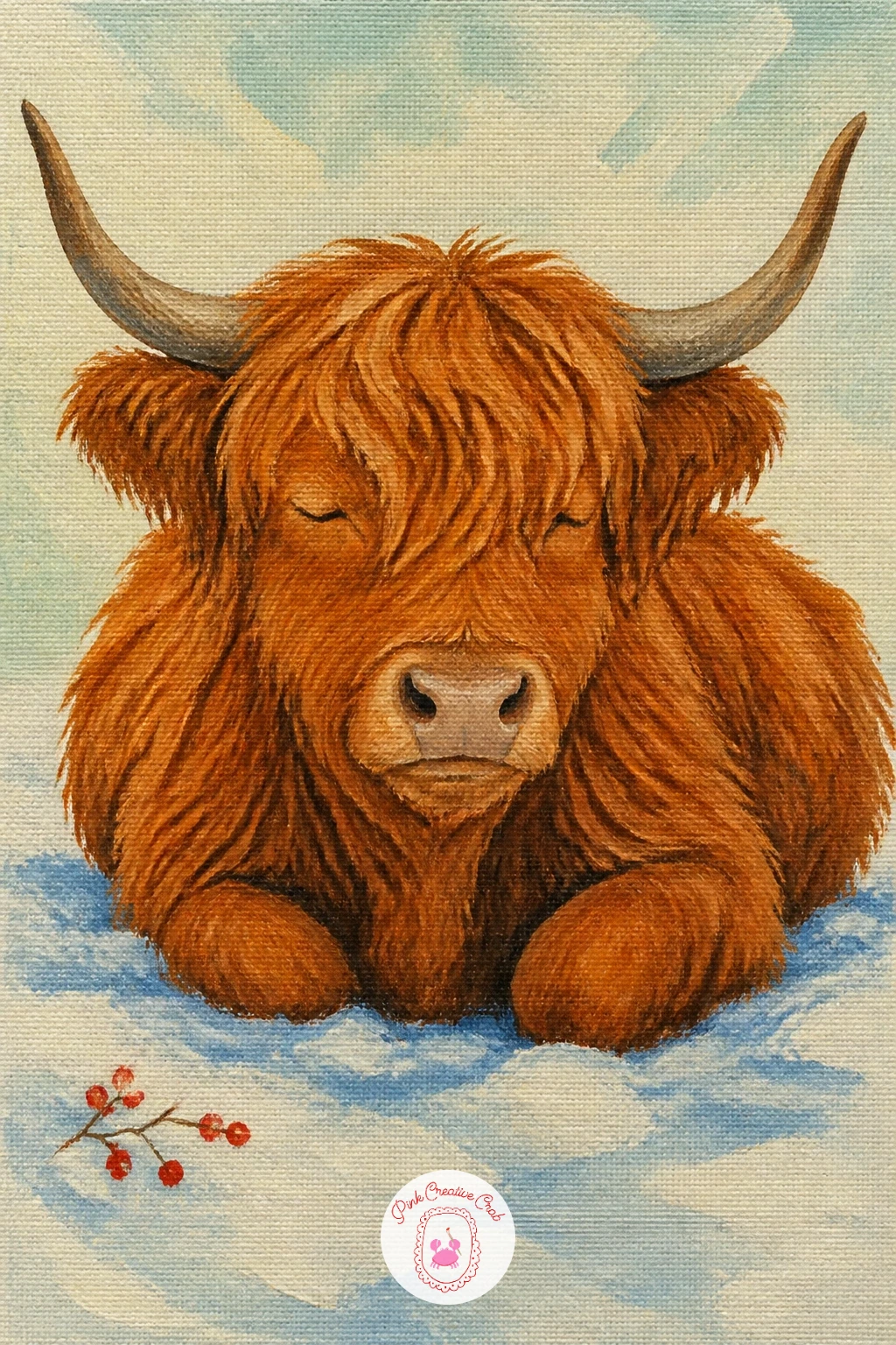 Lying In Snow With Legs Tucked — Try a resting pose next with a highland cow lying in fresh snow with its legs tucked in. Highland cow art