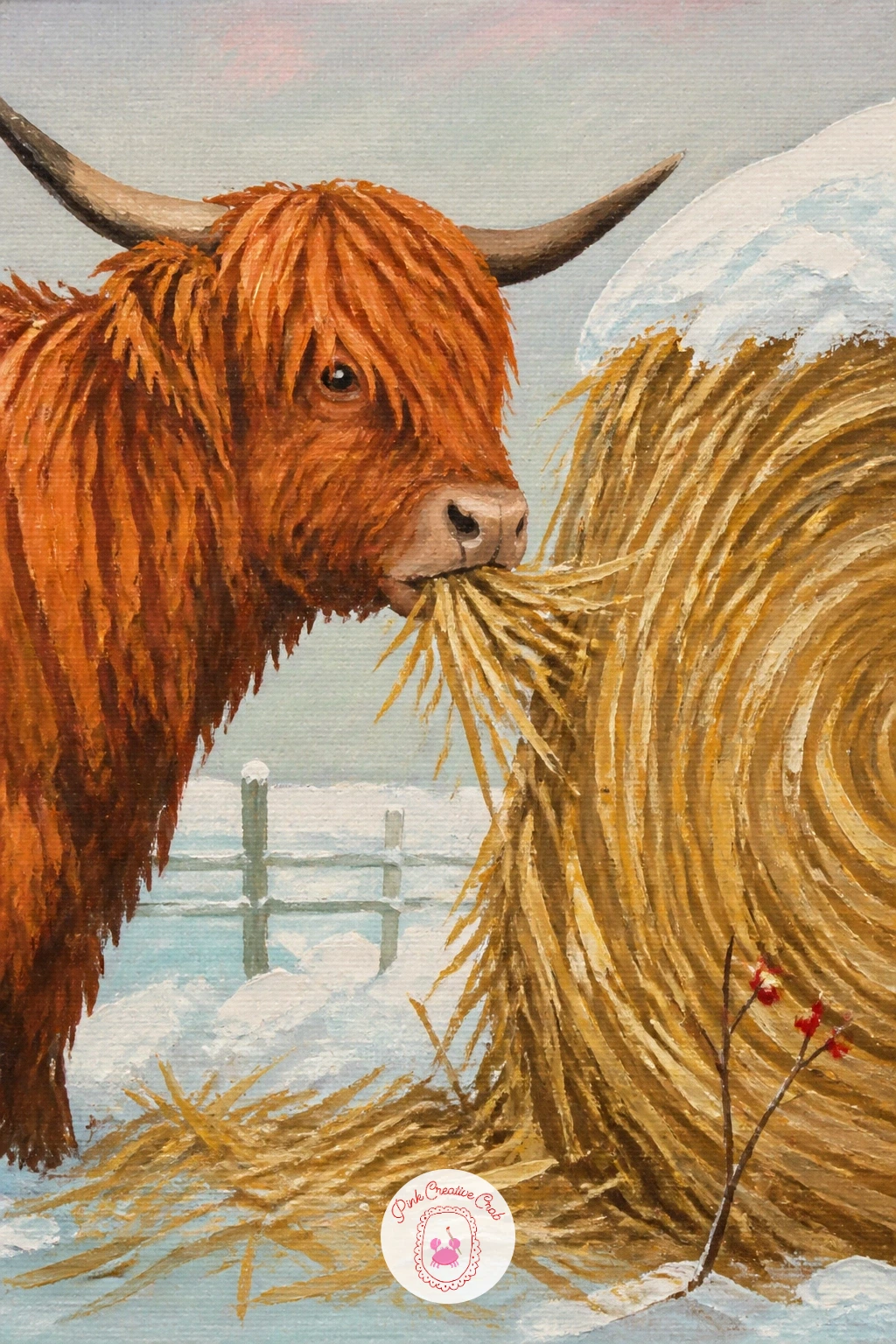 Pulling Hay From A Round Bale — Return to a feeding scene with a highland cow pulling hay from a round bale capped with snow. Highland cow art
