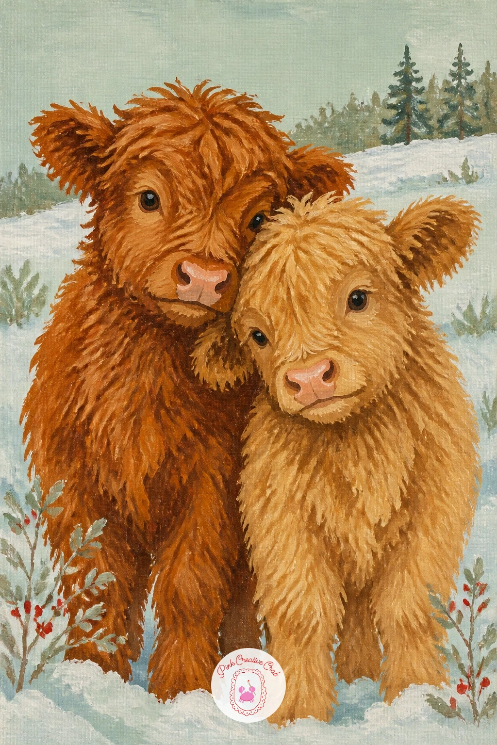 Two Calves Leaning Together — Paint a bit of warmth between friends with two highland calves leaning against each other in a snowy pasture. Highland cow art