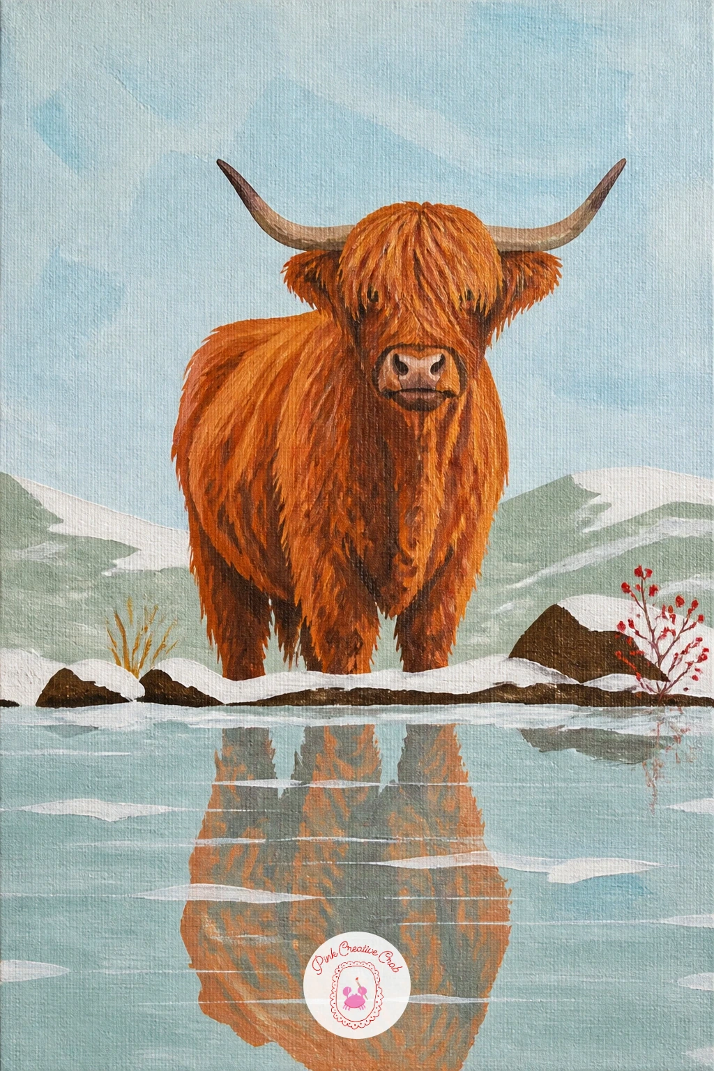 At The Edge Of A Frozen Loch — Open the view up with a highland cow at the edge of a frozen loch under a pale blue sky. Highland cow art