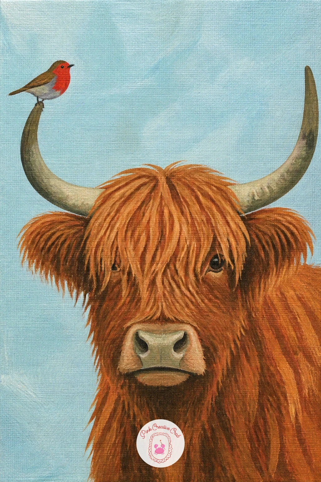 A Robin Perched On Its Horn — Add a small funny detail with a highland cow with a little robin perched on its horn. Highland cow art
