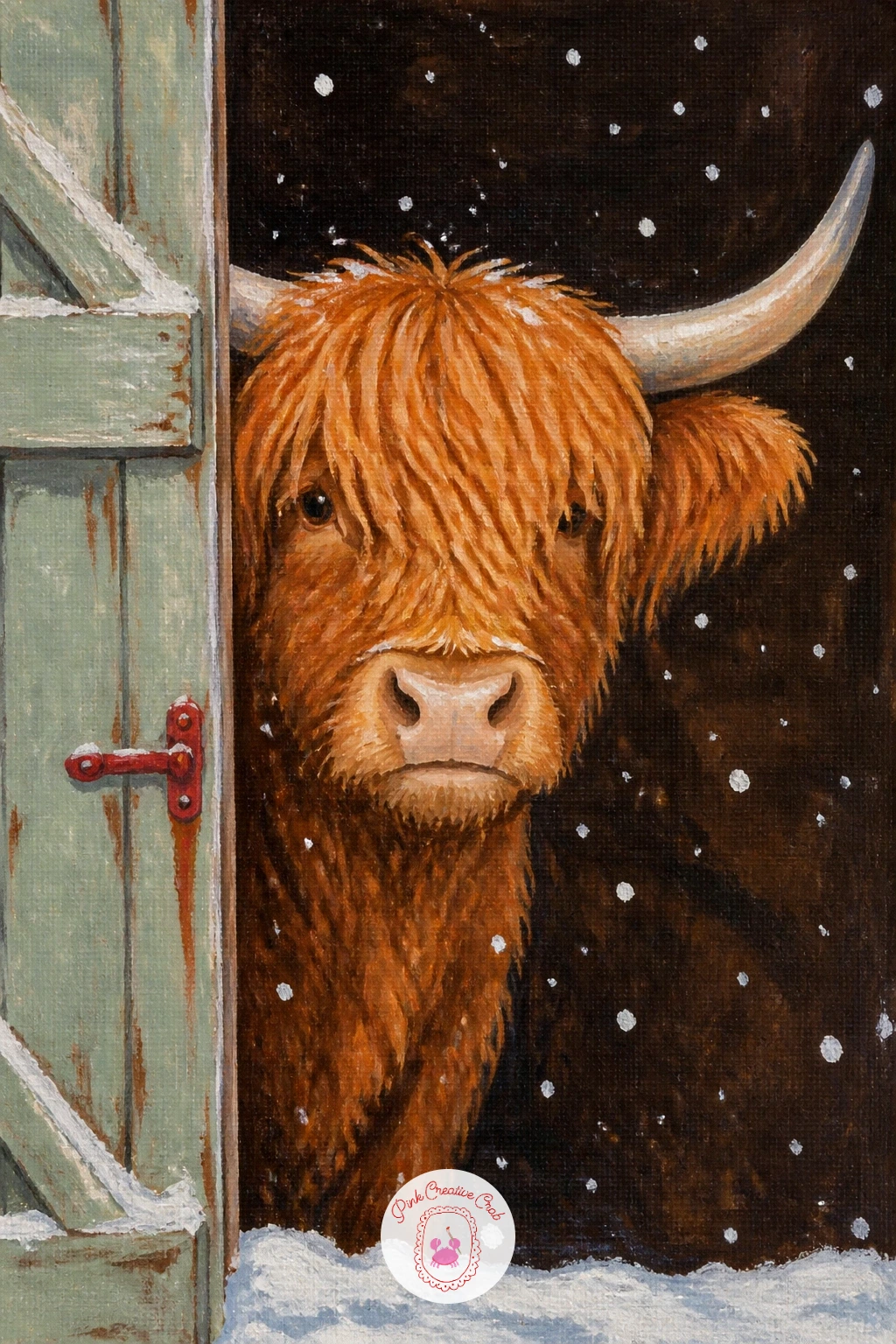 Peeking Out Of A Barn Door — Frame your cow differently with a highland cow peeking out of a hay barn door during a snowfall. Highland cow art