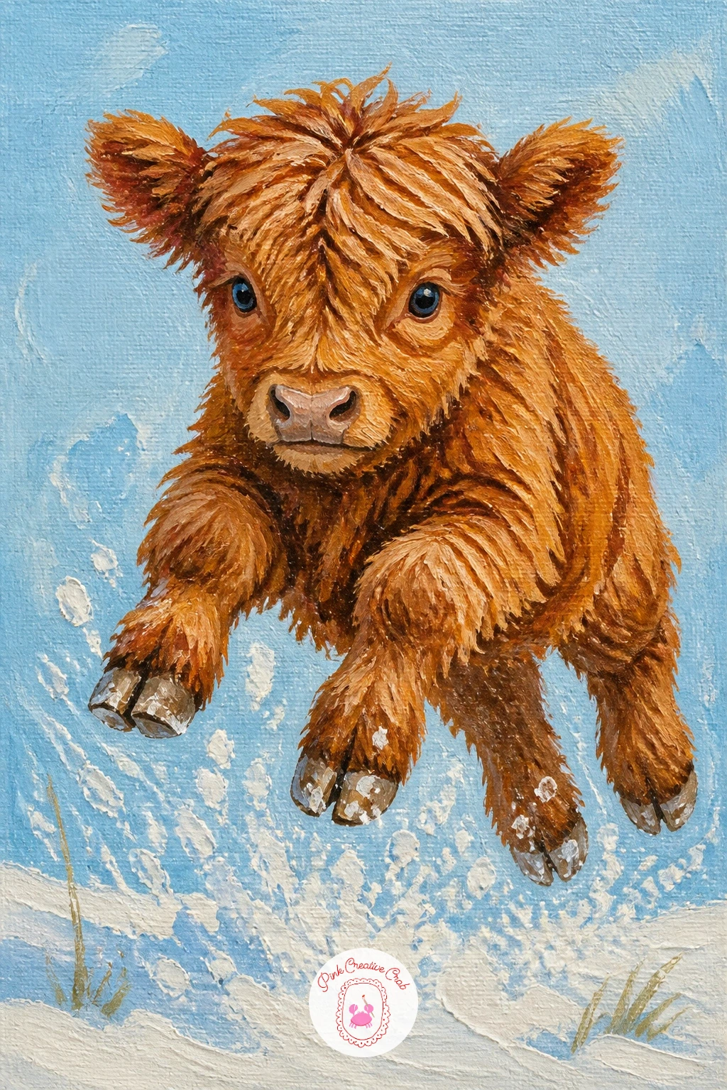 Calf Jumping In First Snow — Bring in some movement with a highland calf jumping playfully in its very first snow. Highland cow art