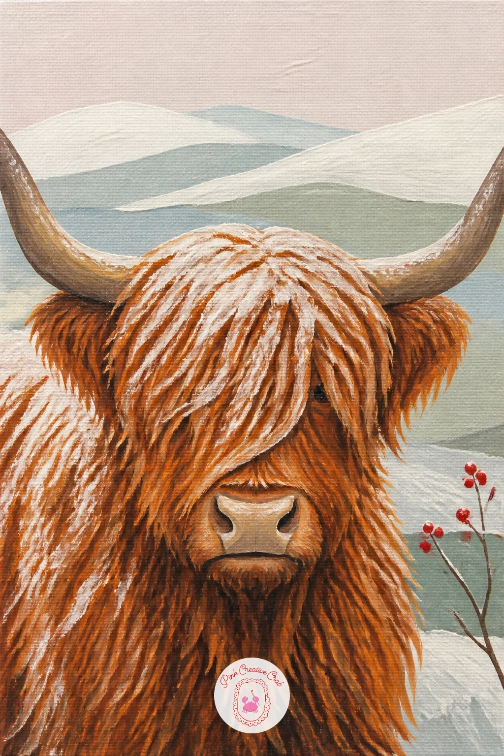 Snow-Dusted Fringe Before White Hills — Return to a calmer composition with a highland cow with a snow-dusted fringe in front of rolling white hills. Highland