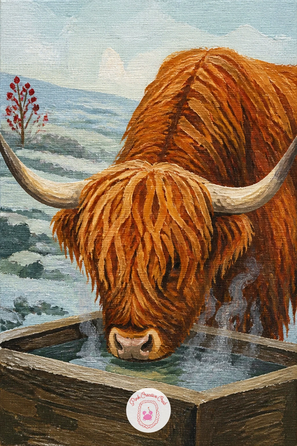 Drinking From A Steaming Trough — Pair your cow with water again, differently this time, with a highland cow drinking from a steaming water trough. Highland