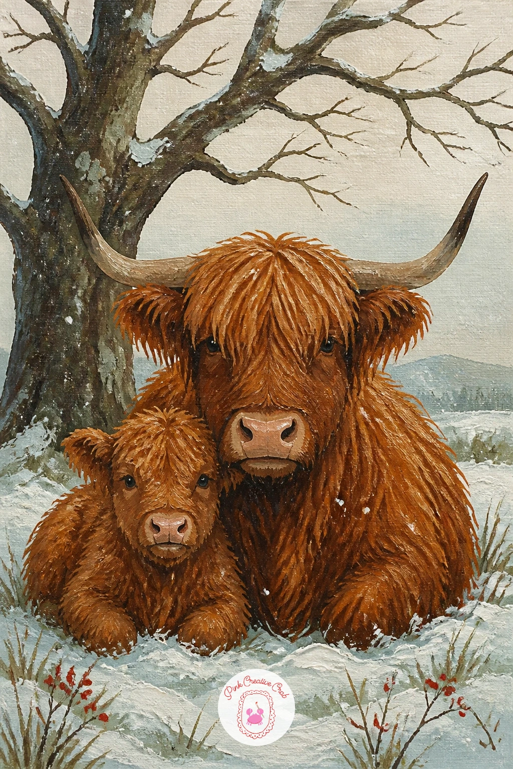 Mother And Calf Under A Bare Oak — Bring the mother and calf relationship into a full landscape with a highland mother and calf sheltering under a bare oak in