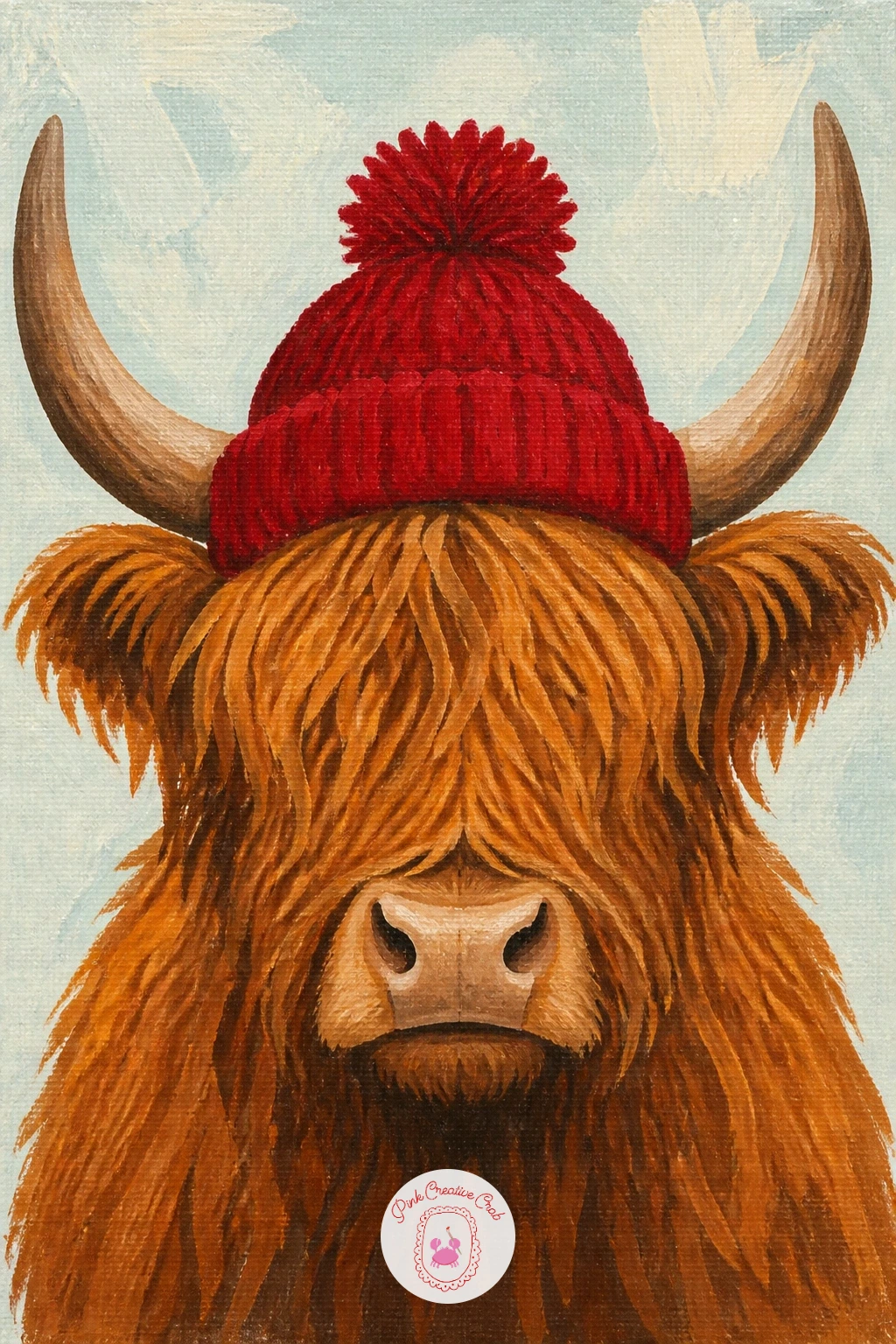 Cow In A Pom-Pom Beanie — Close the list on something purely cheerful: a highland cow wearing a pom-pom beanie between its horns. Highland cow art