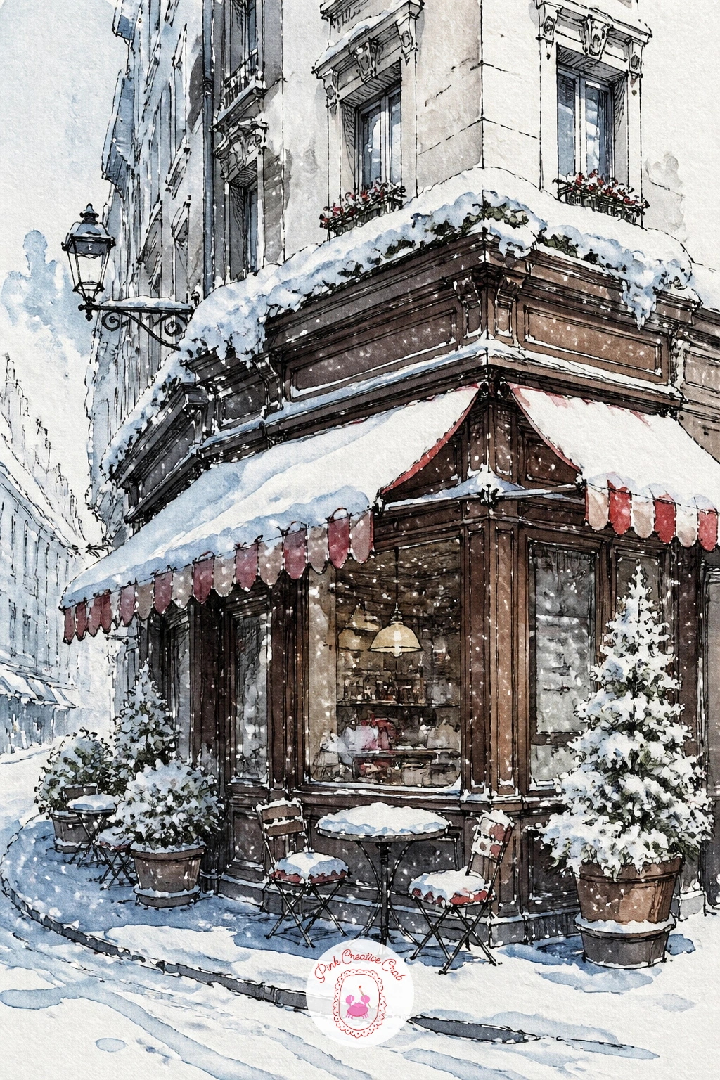Corner Cafe Under Snow — Start with the corner cafe itself, because its striped awning gives you an easy shape to build the whole page around. Cafe drawing