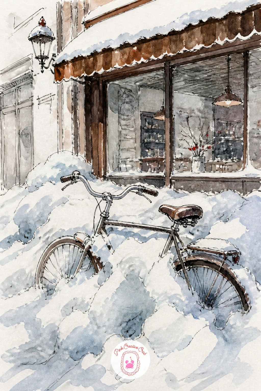 Bicycle in a Snowdrift — Move next to the cafe front with a bicycle half buried outside it, since a parked bicycle is a fun test of curves after all those