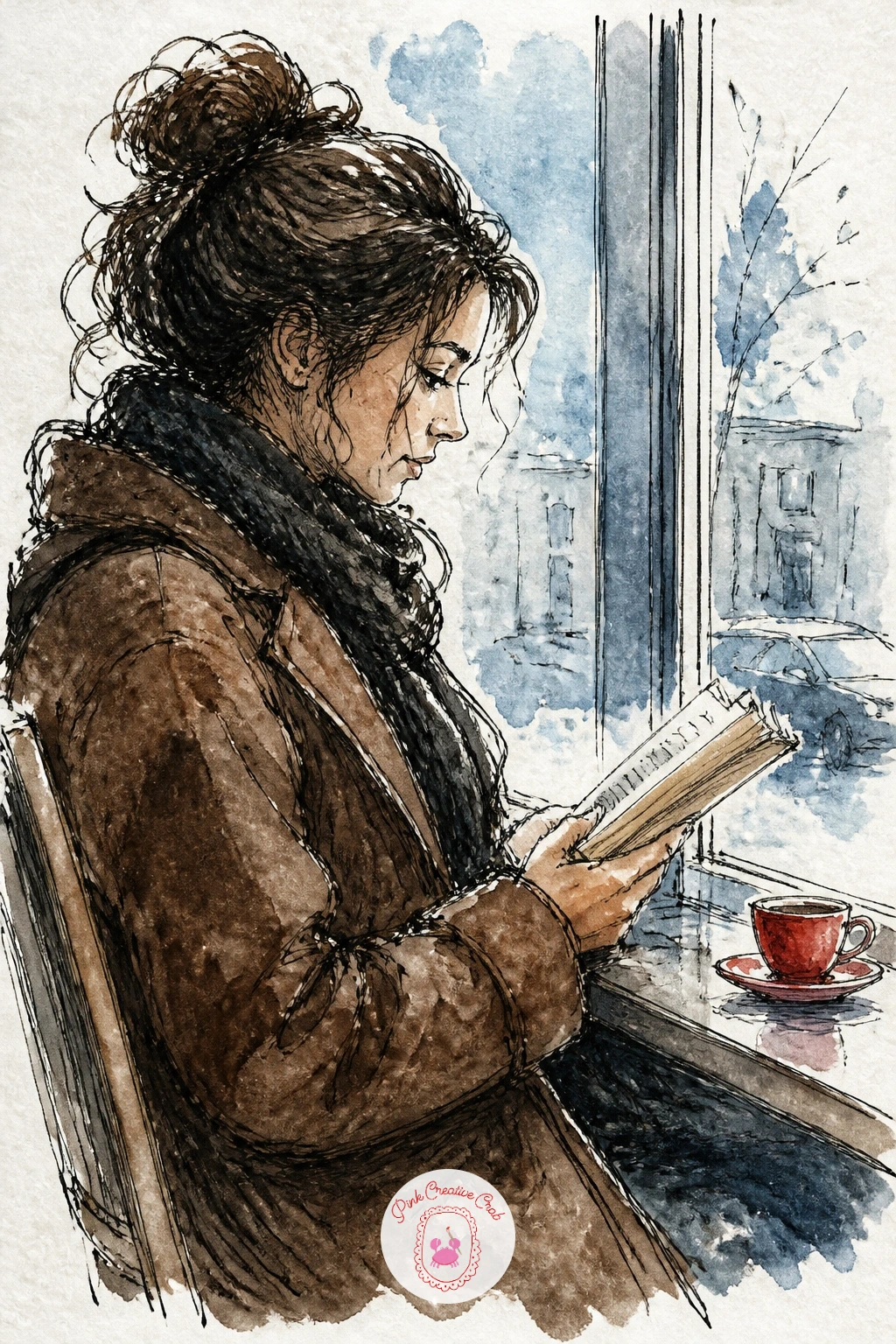 Woman Reading at the Window — Bring a figure into the scene with a woman reading a paperback at her cafe window table, your first proper character of the set.