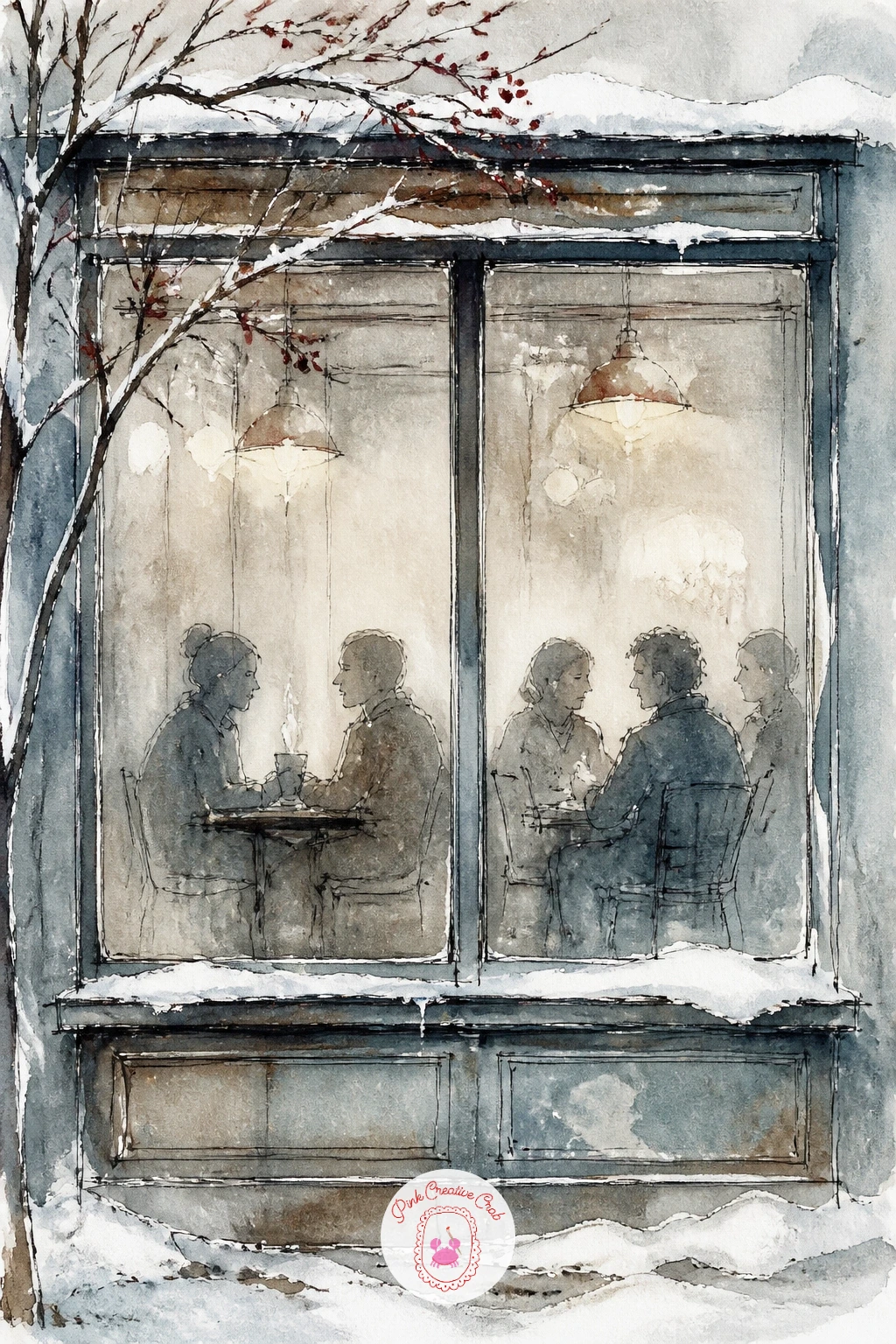 Steamed Window, Chatting Figures — Steam fogging a cafe window while people chat inside gives you a chance to draw figures as soft shapes rather than sharp