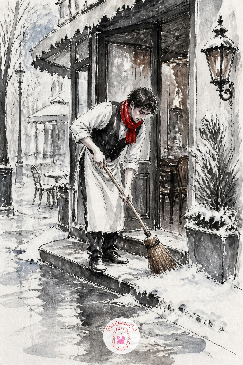 Waiter Sweeping the Doorstep — Give the street some action with a waiter sweeping snow off the cafe doorstep in the morning, a quick scene built around one