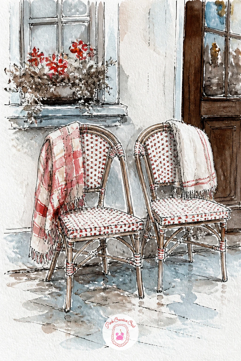 Two Bistro Chairs With Blankets — Rest the pen a little with two bistro chairs outside a cafe, draped with blankets, a quiet still life scene with no figures
