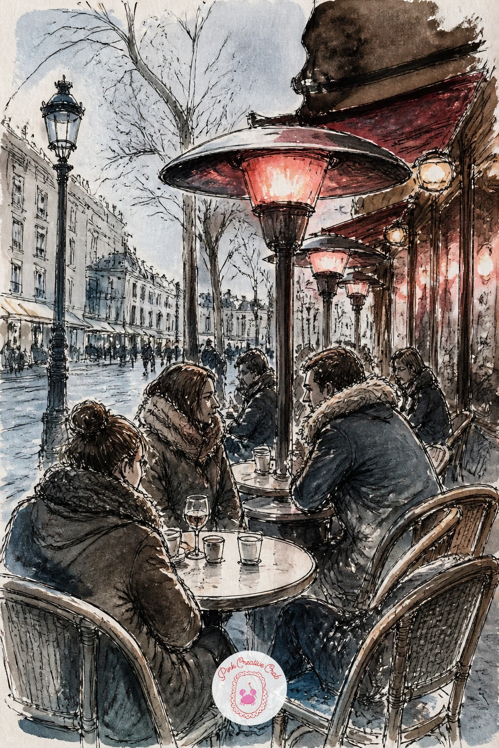 Parisian Terrace With Heat Lamps — Scale up to a full Parisian cafe terrace with heat lamps and wrapped up guests, a busier scene that rewards planning before