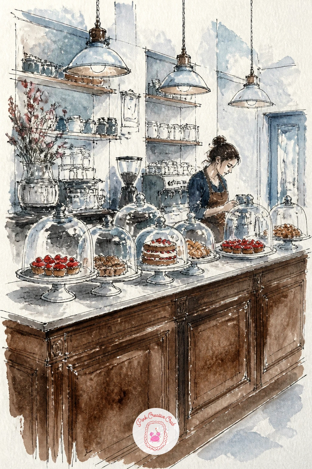 Pastry Counter With Glass Domes — Step inside now with a long cafe counter lined with pastries under glass domes and a barista working behind it. Cafe drawing