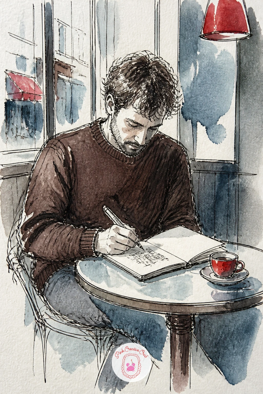 Man Sketching at a Corner Table — Turn the lens inward with a man sketching in his own notebook at a cafe corner table, a nice quiet moment to draw since his