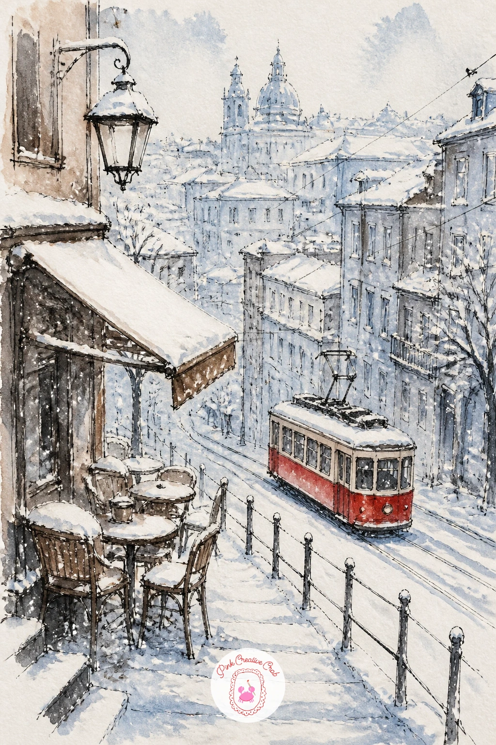 Snowy Hill Street With a Tram — Widen the view with a cafe on a snowy hill street while a tram passes below it, a small cityscape rather than a single