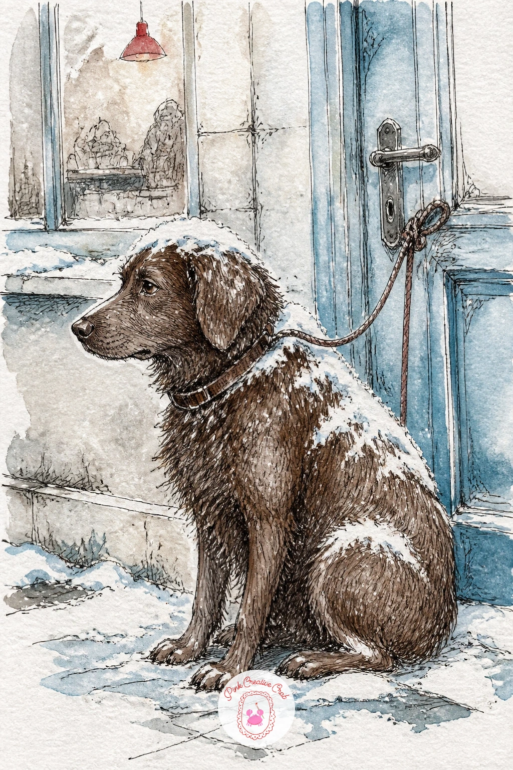 Dog Tied by the Cafe Door — Bring in a pet with a dog tied by the cafe door, snow settling quietly on its back while it waits. Cafe drawing