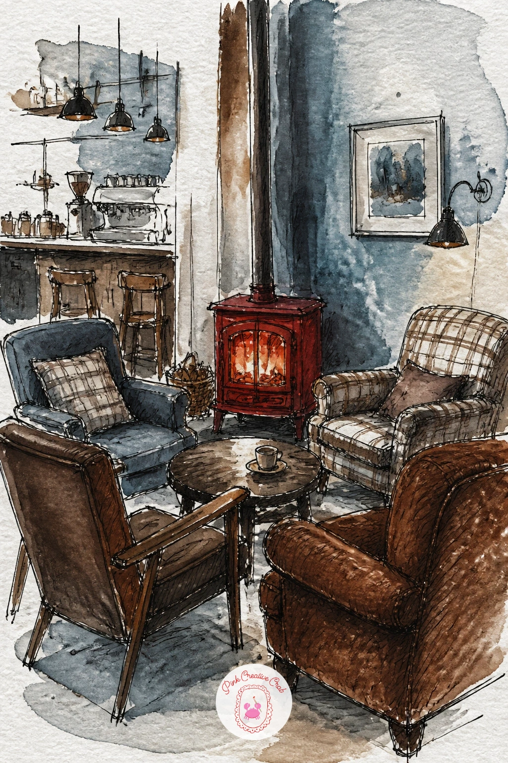Armchairs and a Wood Stove — Move fully indoors now to a cafe interior with mismatched armchairs gathered around a wood stove. Cafe drawing