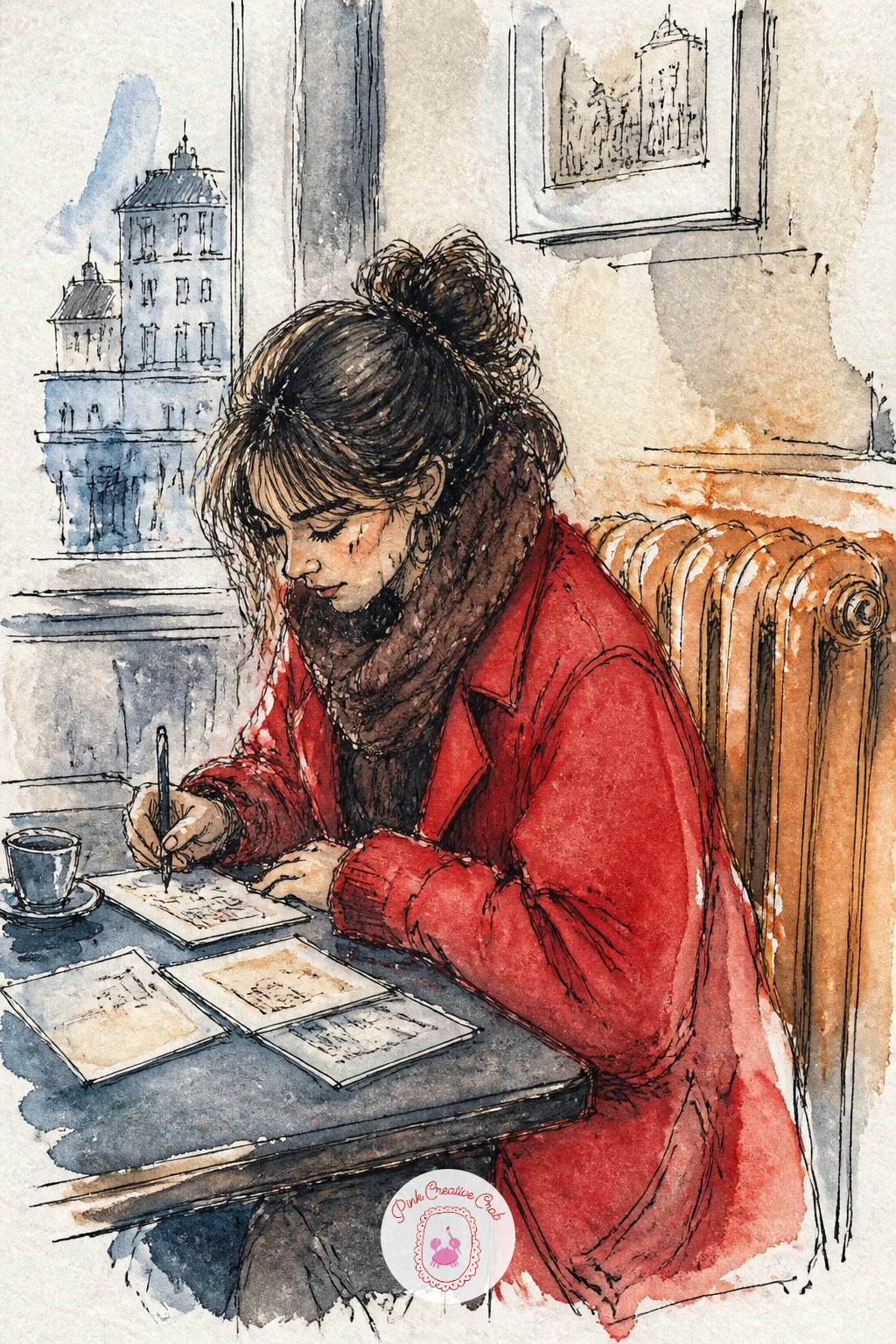 Girl Writing Postcards by the Radiator — Settle into a quieter corner with a girl writing postcards at a cafe table beside the radiator, her coat still half on