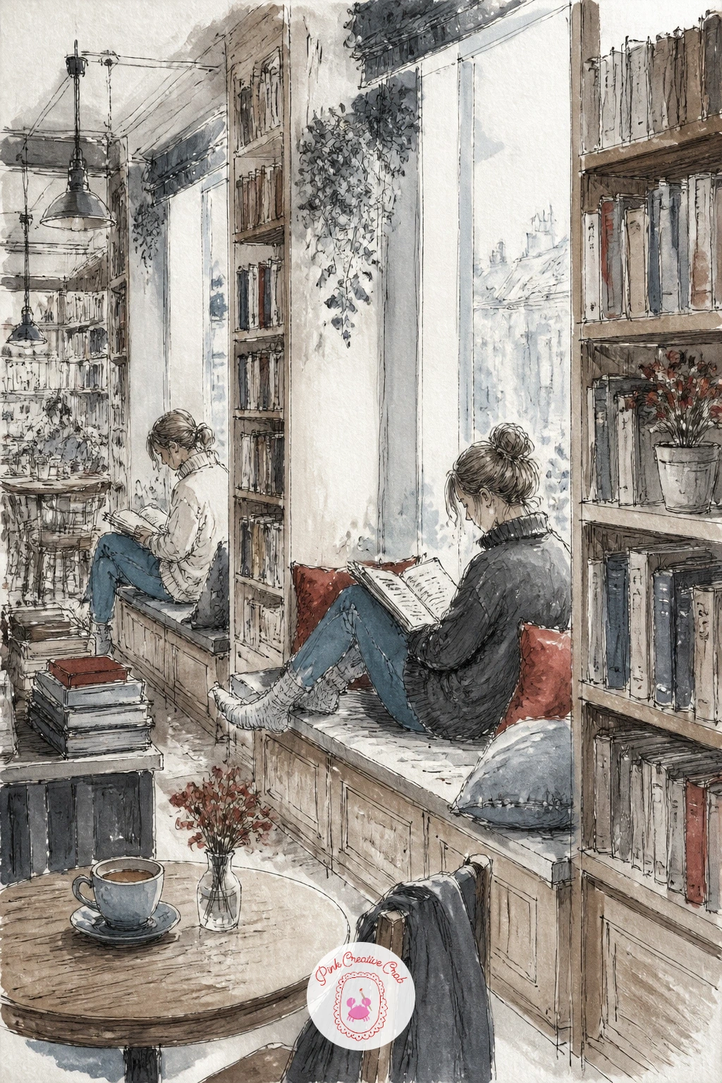 Bookshop Cafe Window Benches — Carry the quiet mood into a cafe set inside a bookshop, readers tucked onto window benches among the stacks. Cafe drawing