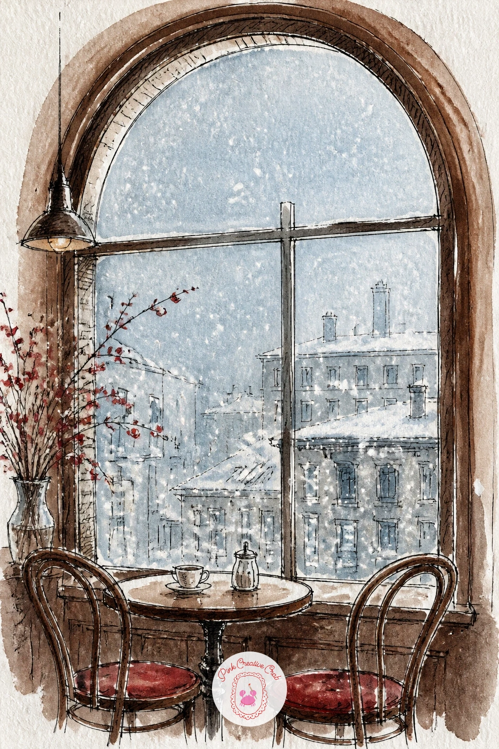 Arched Window, Falling Snow — Give the page a strong shape to build around with a cafe that has one big arched window looking out onto falling snow. Cafe