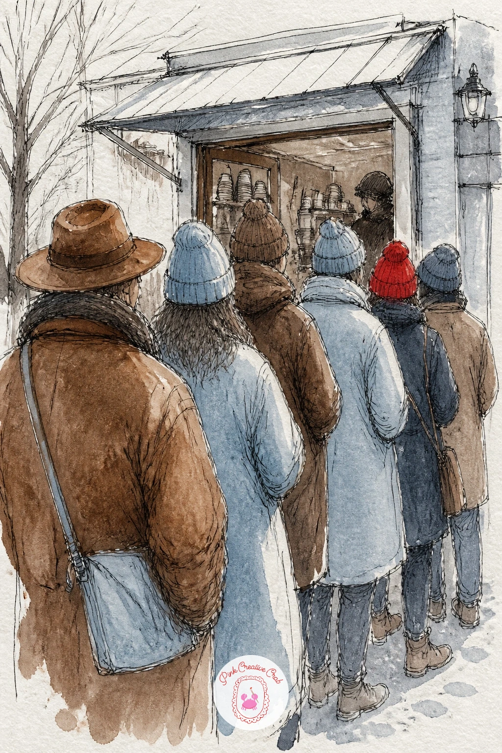 Queue at a Tiny Coffee Hatch — Step back outside for a queue of people in hats lined up outside a tiny coffee hatch, a fun chance to draw several figures