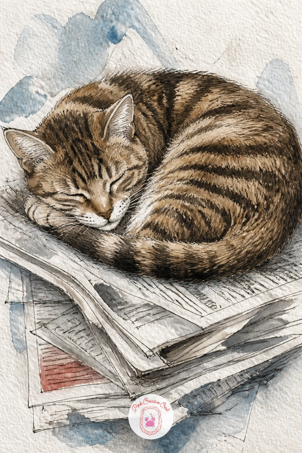 Cafe Cat on Folded Newspapers — Slow right down with a cafe cat curled asleep on a pile of folded newspapers, a calm little subject after all that queue of
