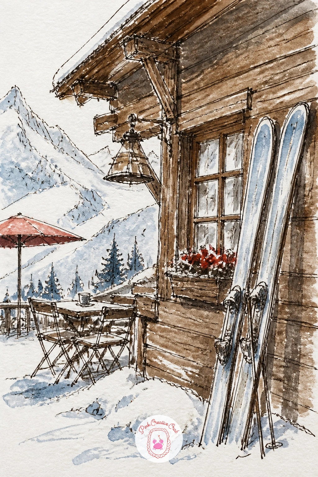 Mountain Cafe With Skis — Head for higher ground with a mountain cafe, a pair of skis leaning against its wooden wall outside the door. Cafe drawing