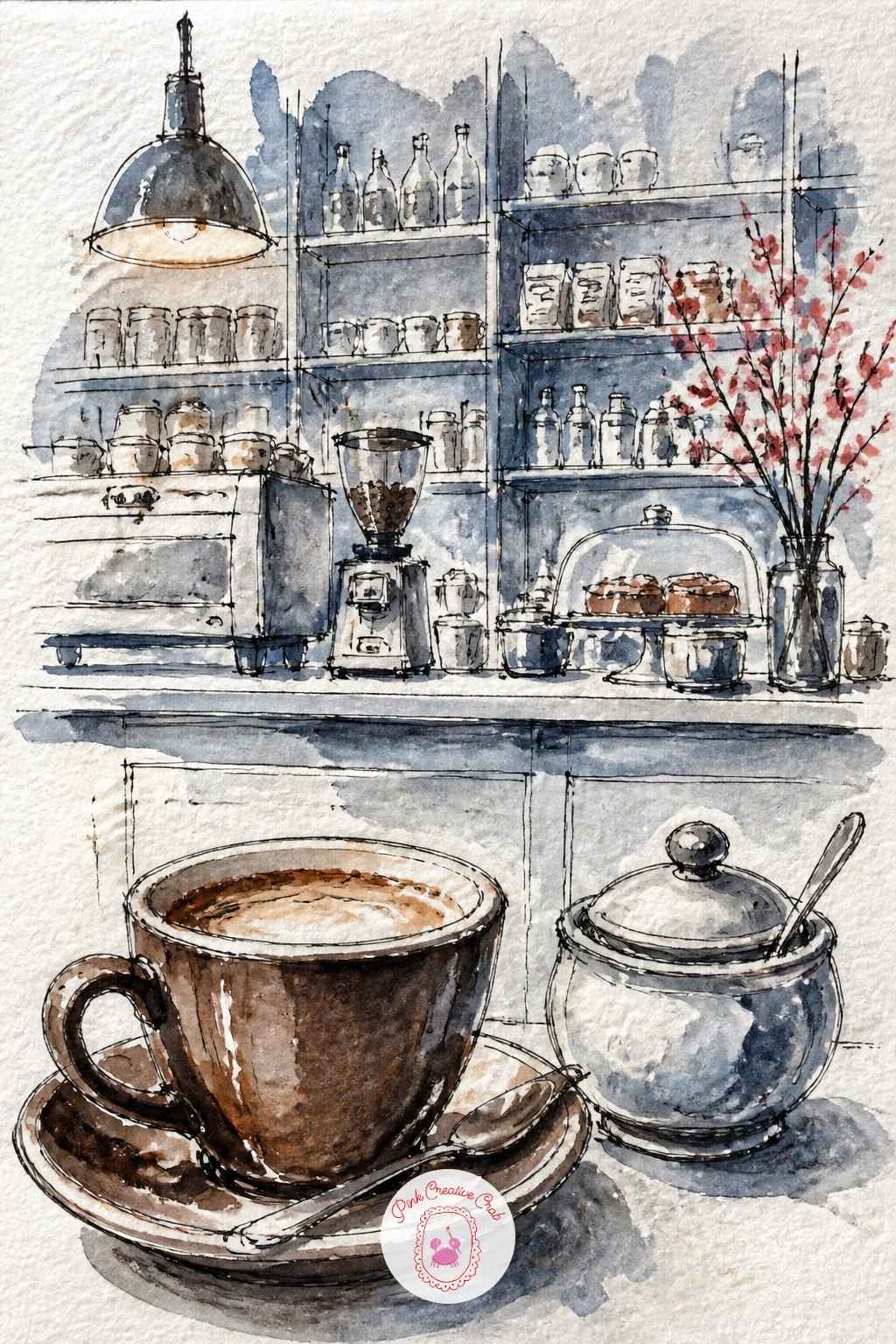 Counter View From a Stool — Change your angle completely with a cafe counter seen from a stool, your own cup and a sugar bowl sitting close in the foreground.