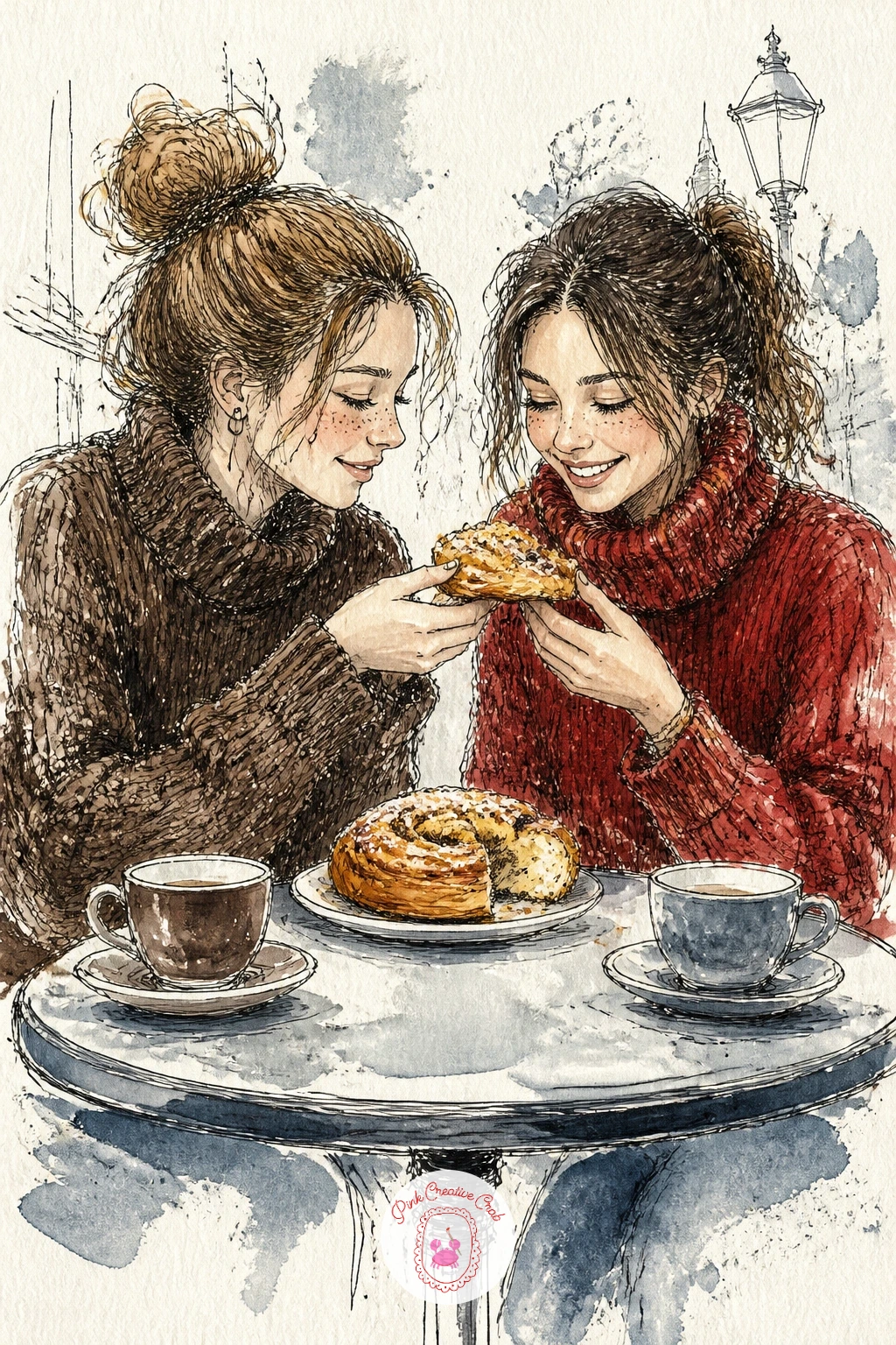 Friends Sharing a Pastry — Bring warmth back to the page with friends in knit sweaters sharing a pastry at a round table. Cafe drawing